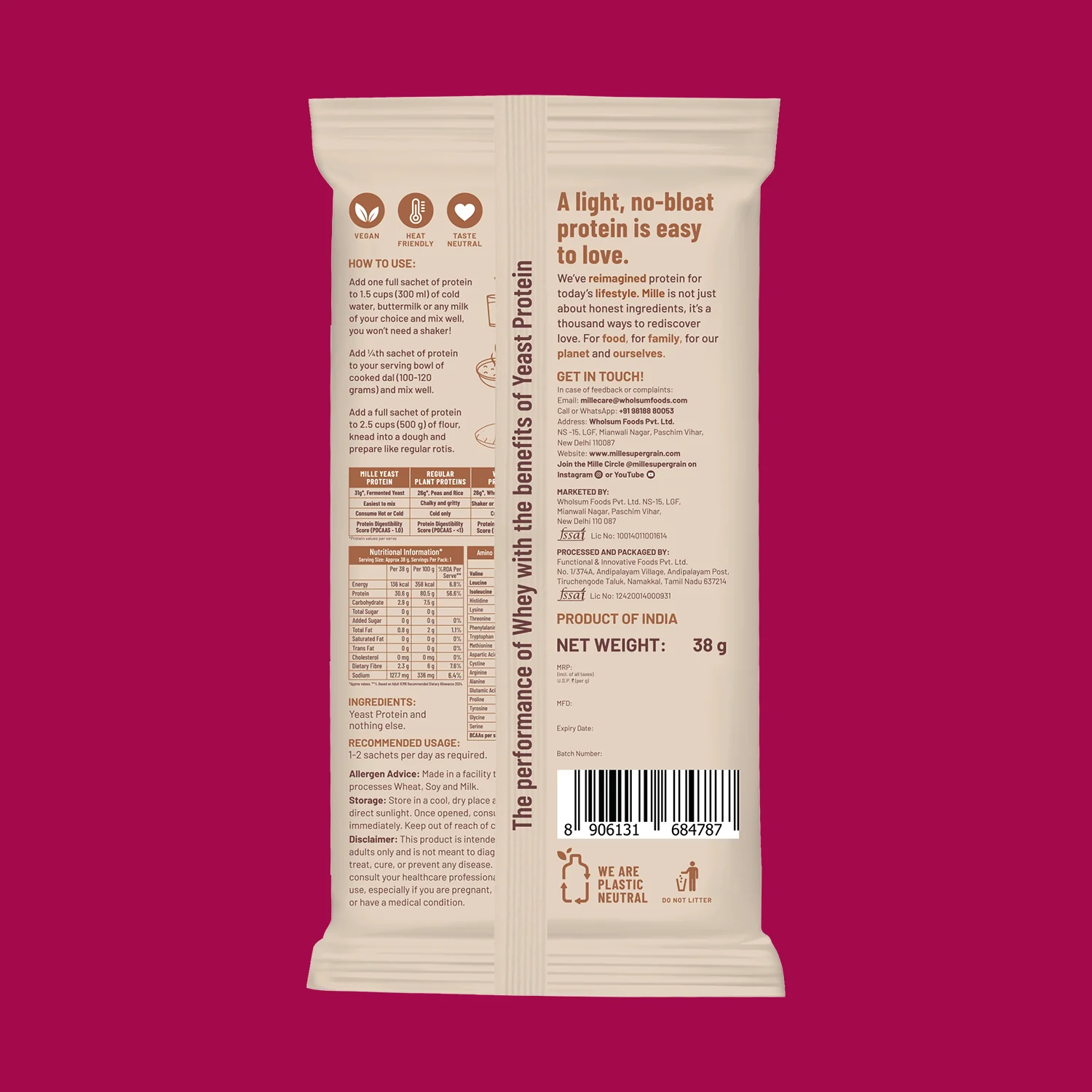 Mille Protein | 31g/Scoop | Unflavoured | Fermented Yeast Protein | No Bloat I Vegan | 38g Trial Pack - Image 3
