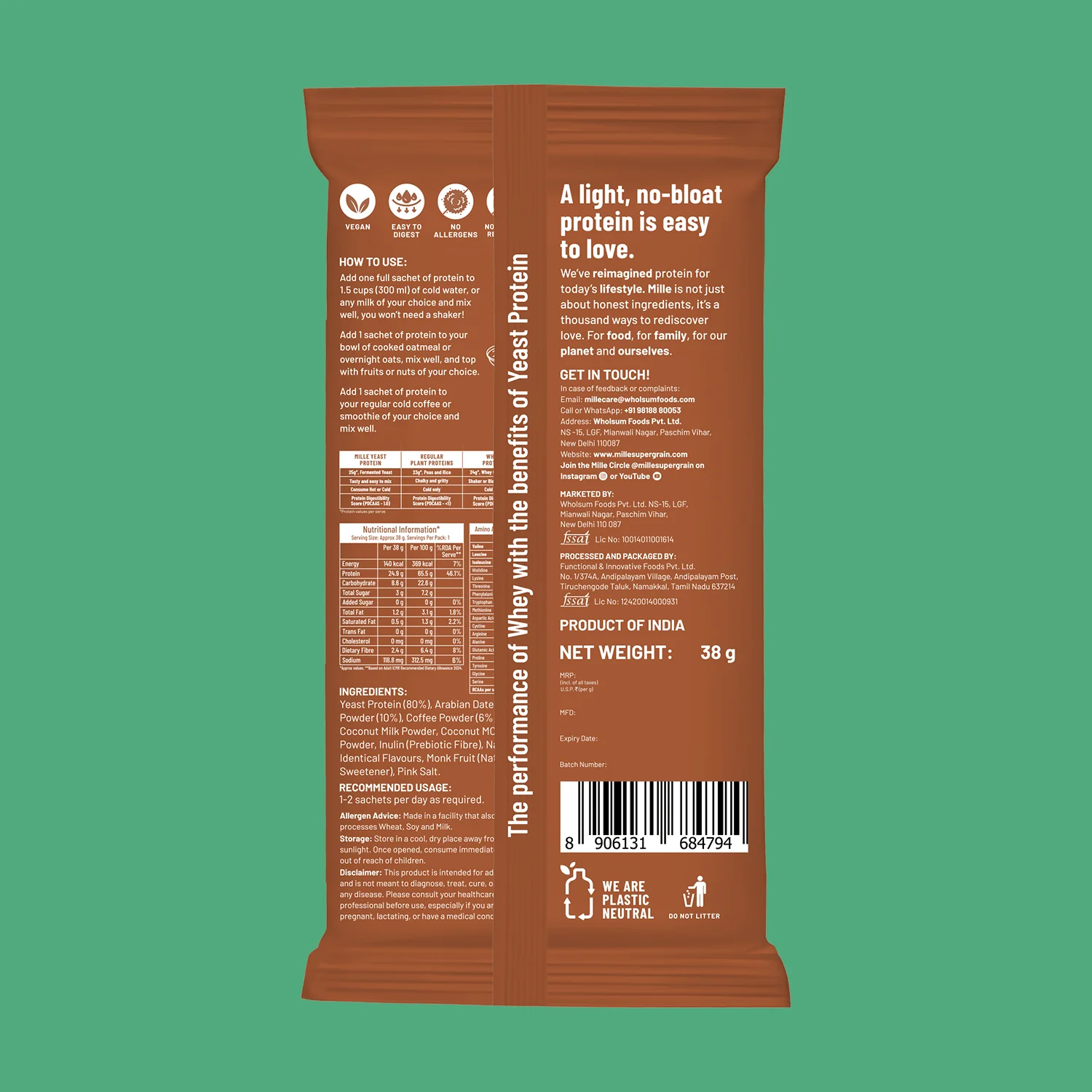 Mille Protein | 25g/Scoop | Coffee-hazelnut | Fermented Yeast Protein | No Bloat I Vegan | 38g Trial Pack (Pack of 3) - Image 3